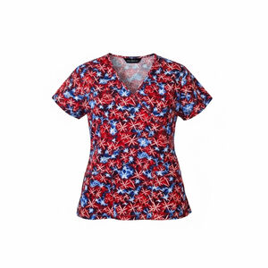 V-Neck Medical Scrub Top, Patriotic Stars Pattern in Red White Blue, Si